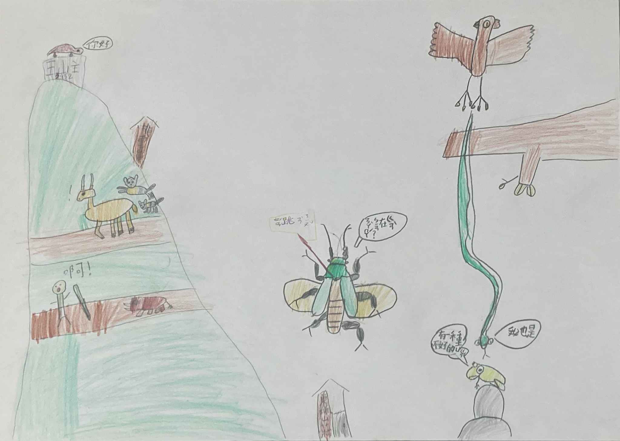 小樂的畫作：左側主峰，是住在玉山上的阿里山山椒魚，半山腰有黃喉貂正在追山羌、山豬正在追人，山頂和山腳則分別是排雲山莊和東埔山莊。右邊部分，根據爸爸 Jeff 推測，是小樂想像的「螳螂捕蟬、黃雀在後」。