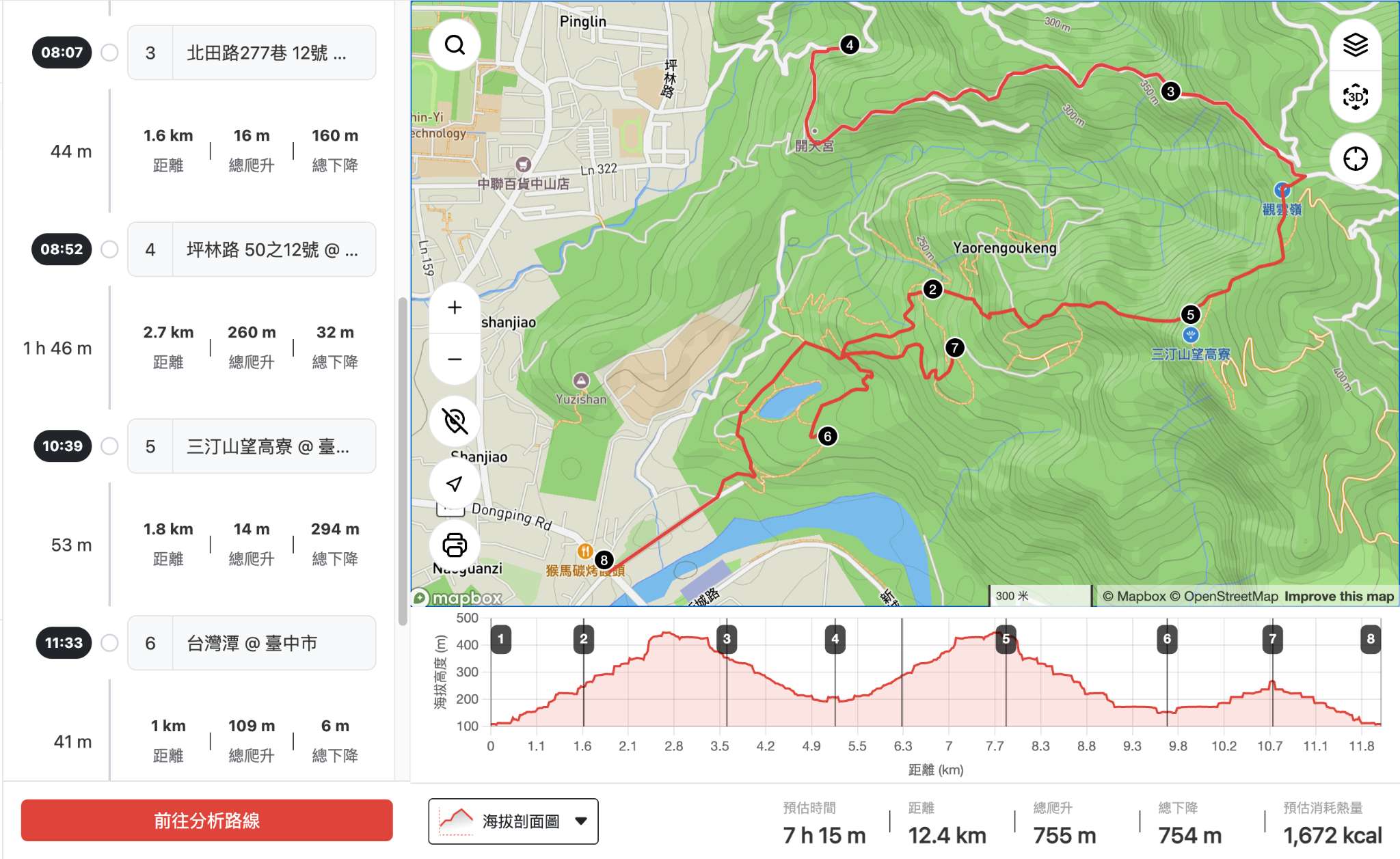 相同的 GPX 檔匯入 Hikingbook 後，能看到更多對登山有用的資訊。